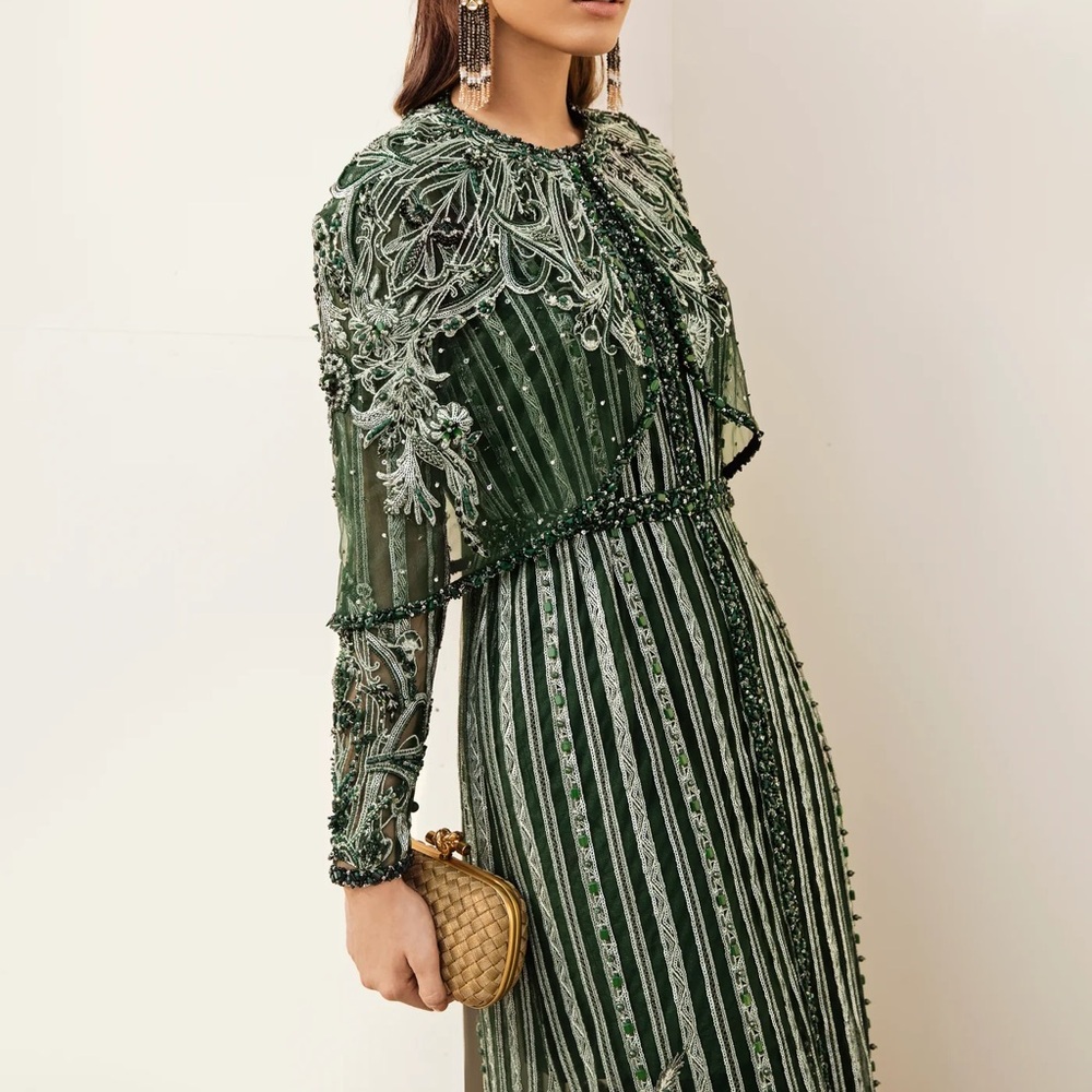 Suffuse modern cape suit with palazzo pants in dark green size small